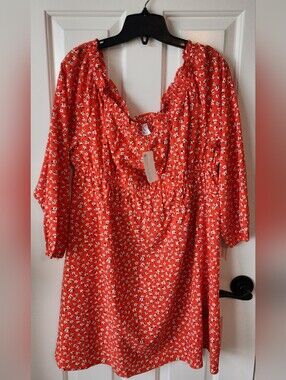 New With Tags H&M Divided Red/Orange Floral Smocked Babydoll Peasant Dress XL